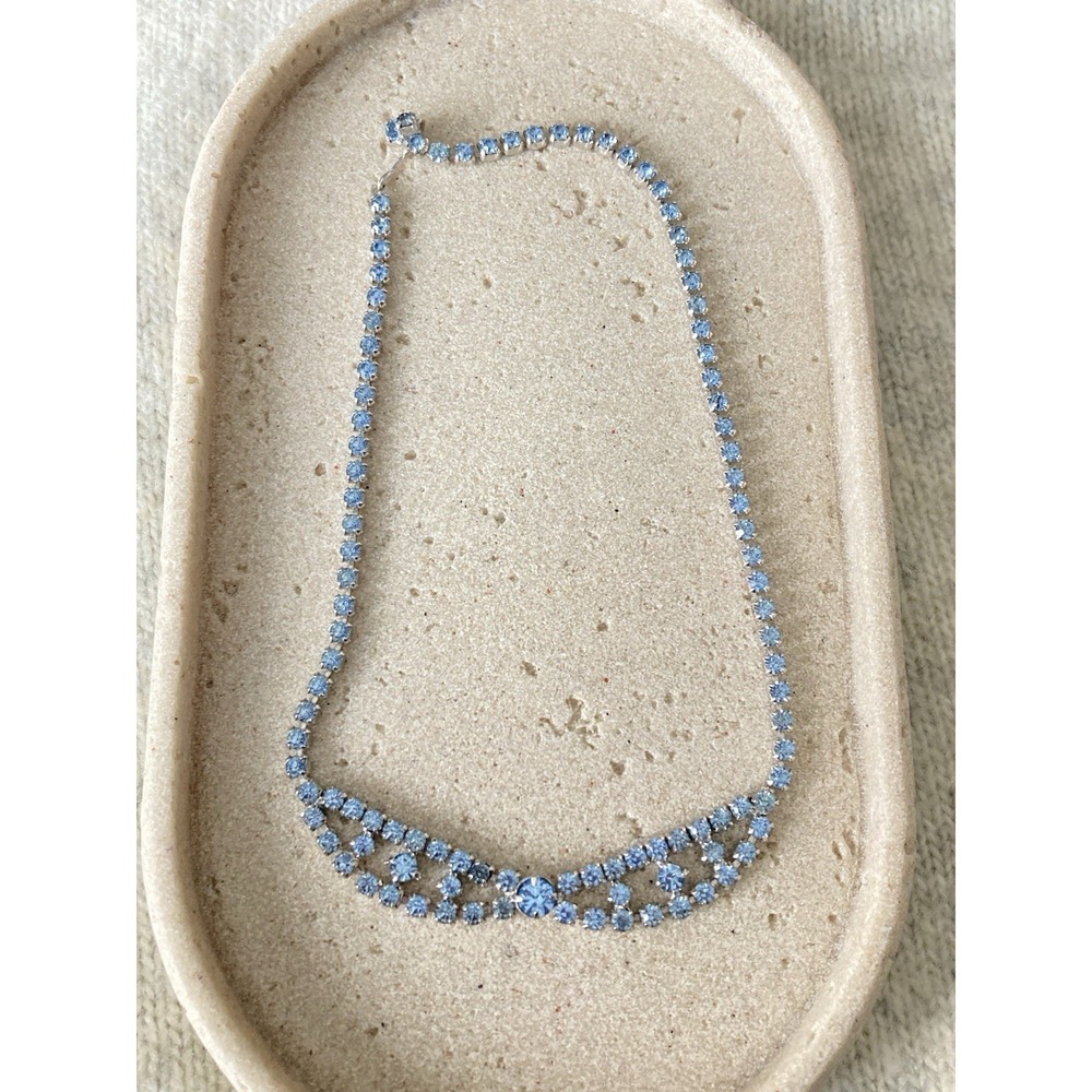 Vintage Light Blue Rhinestone Tennis Necklace Silver Tone Bridal Prom Choker